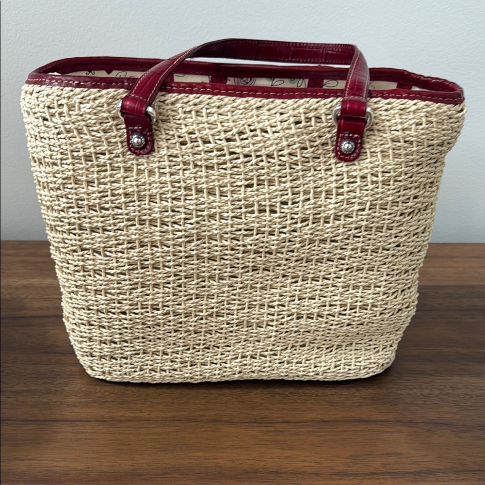 Brighton Patricia Straw Floral Deep Red Leather Handbag/Tote - Picture 8 of 16